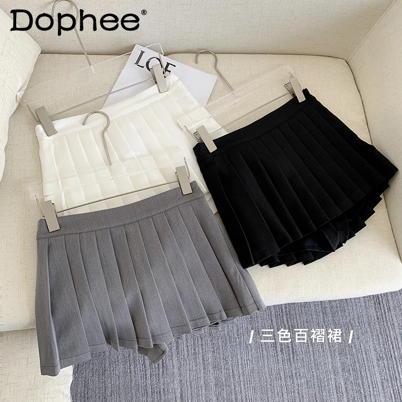 Temperament Pure Color Black White Gray Three-Color Pleated Skirt Female Student 2024 Summer Versatile Commuting A- Line Skort