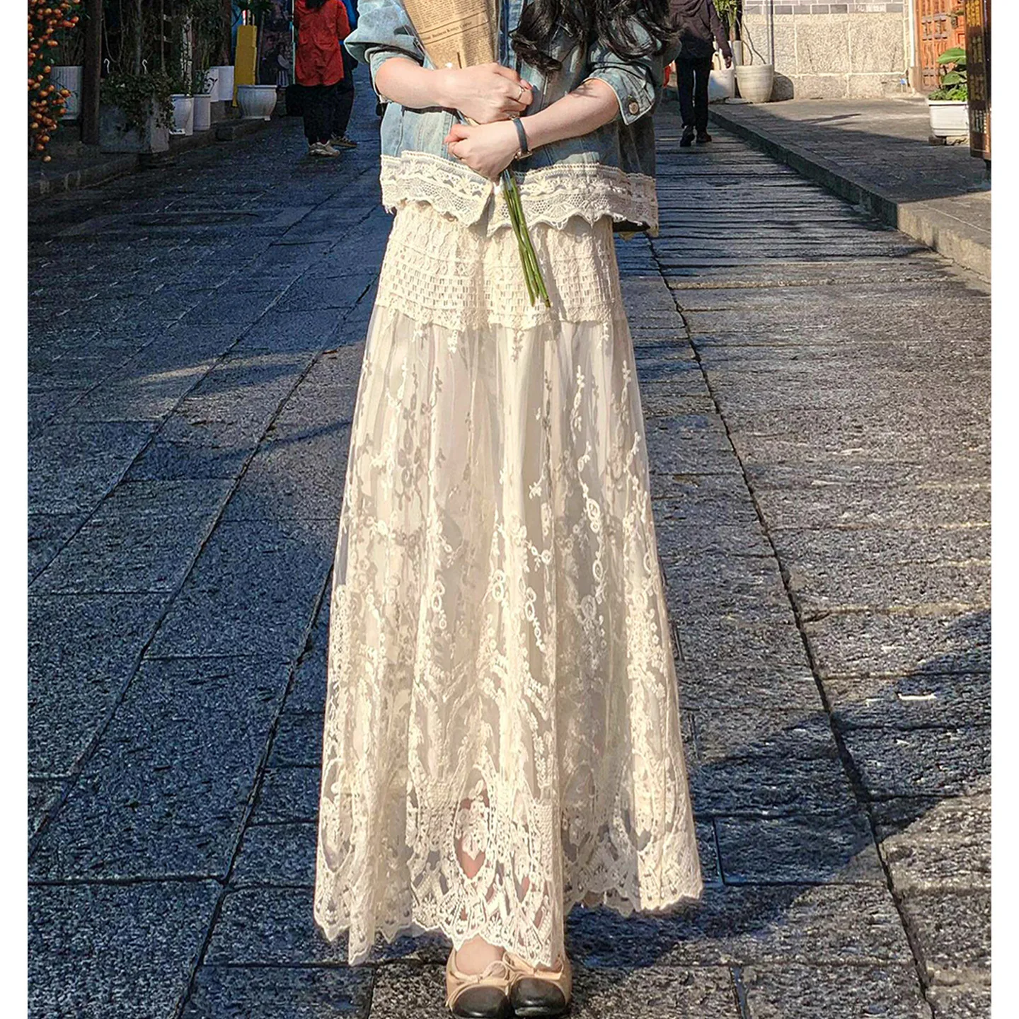 Women's 2026 Spring New White A-Line Midi Skirt, Elegant Loose-Fit Half Skirt with Lace Trims