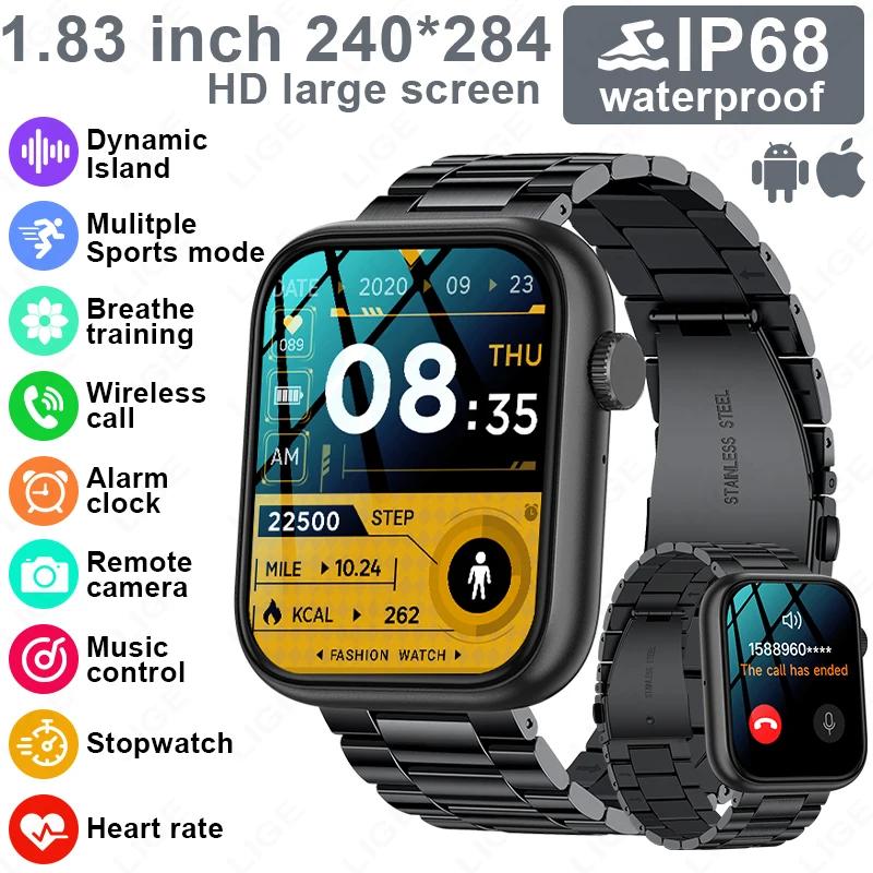 

LIGE New 1.83Inch Smart Watch Men Women Full Touch Screen Heart Rate Bluetooth Call Waterproof Sports Smartwatch for Android iOS