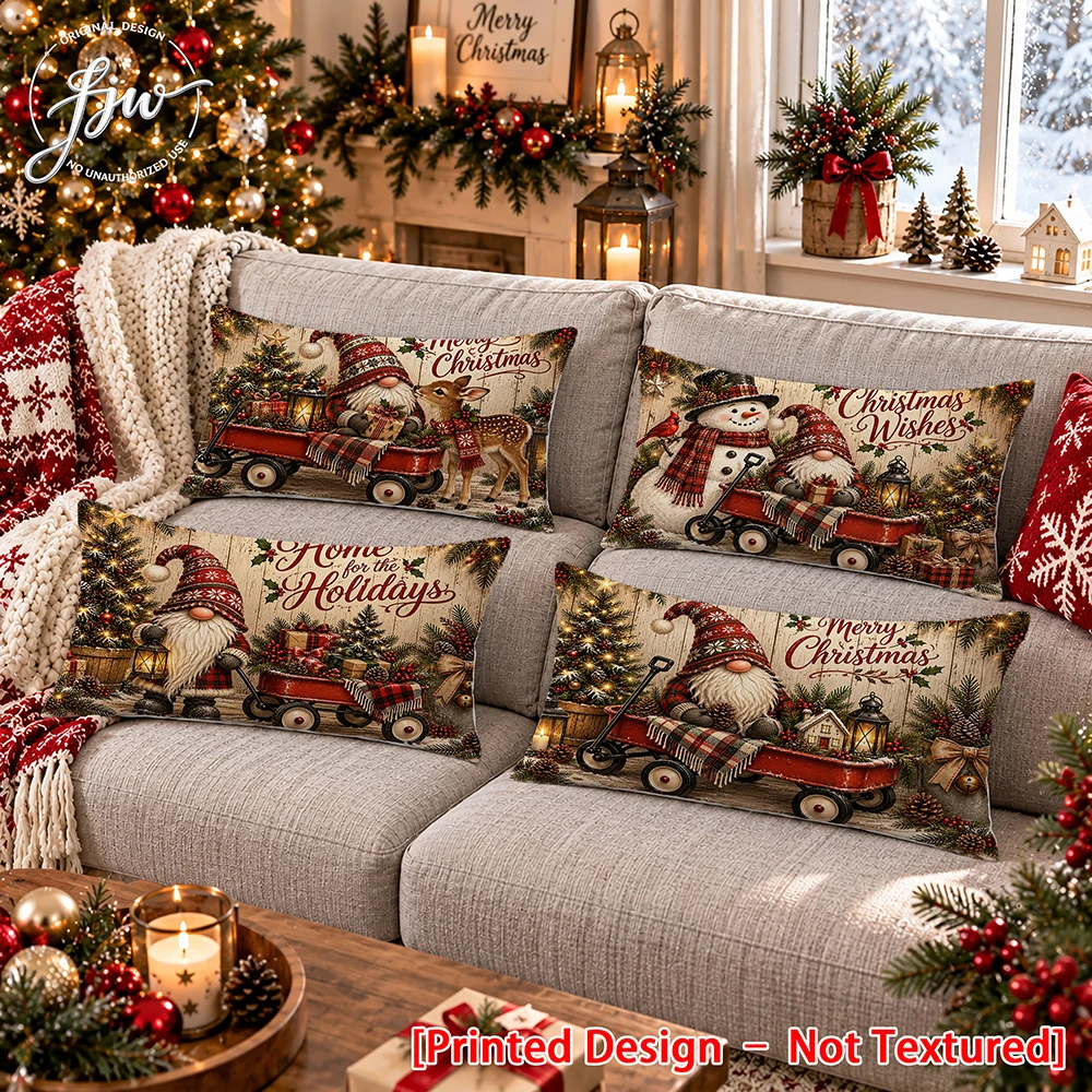 4pc Christmas Gnome Farmhouse Throw Pillow Covers, Rustic Holiday Rectangular Cushion Cases for Home Sofa Decor