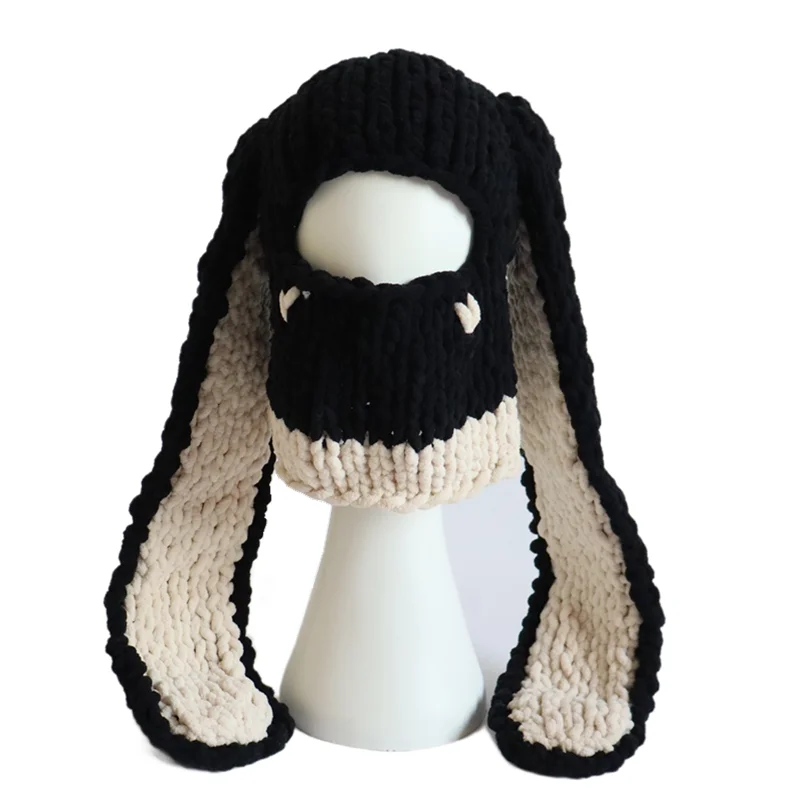 Harajuku Gothic Rabbit Ears Knitted Hat Women Winter Warm Windproof Earflap Cap Punk Streetwear Halloween Christmas Decoration