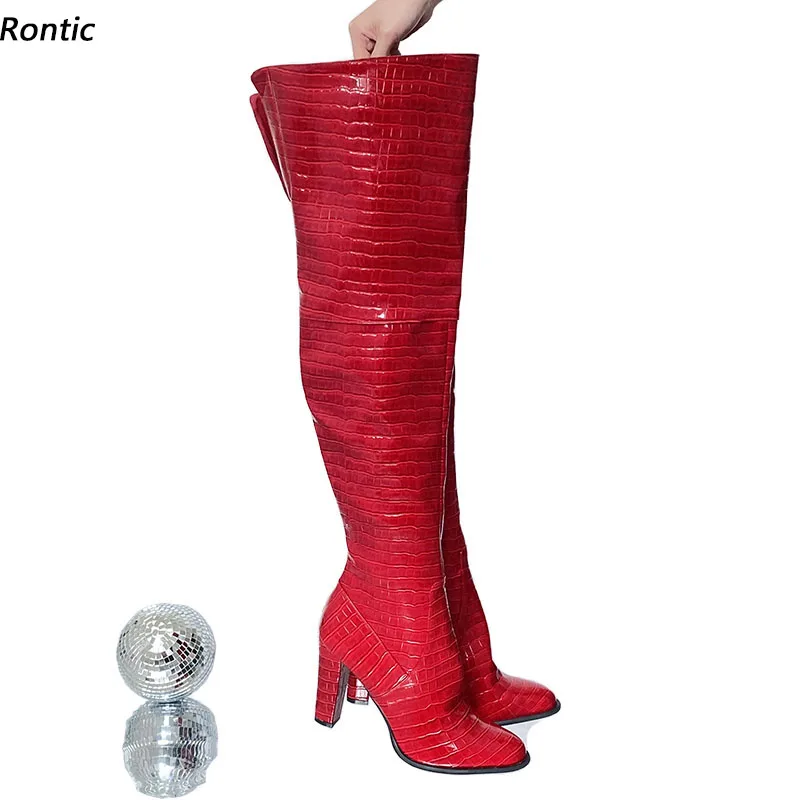 

Rontic Женские зимние сапоги до бедра ручной работы с блестящим каменным узором на молнии на массивном каблуке с круглым носком, великолепная красная обувь для вечеринок, размер США 5-20