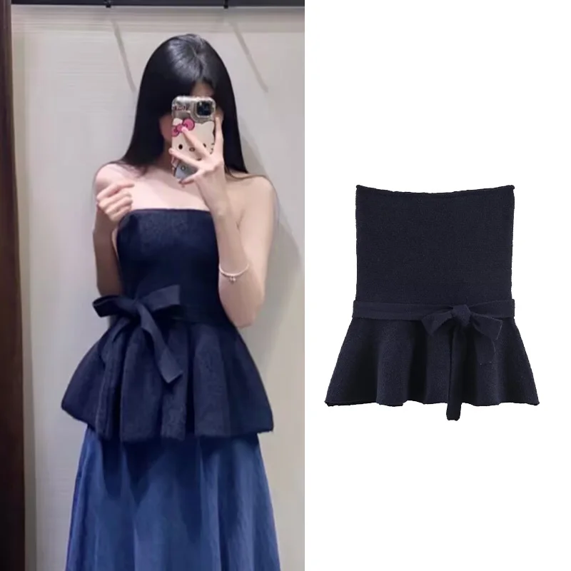 

Women Sexy Peplum Top with Bow Backless Spring Summer Elegant off the Shoulder Elastic Neck Knit Camisole Flared Hem Female Tops