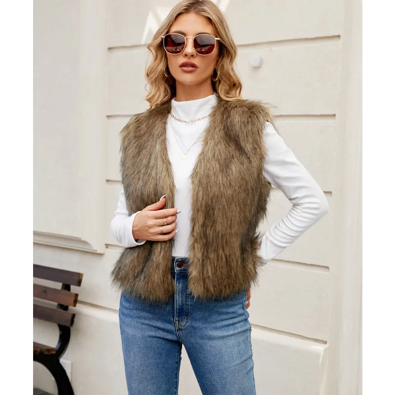 レディースふわふわフェイクファーベスト - ヴィンテージスタイルノースリーブ暖かいベスト秋冬ファッションアウタージャケット女性用