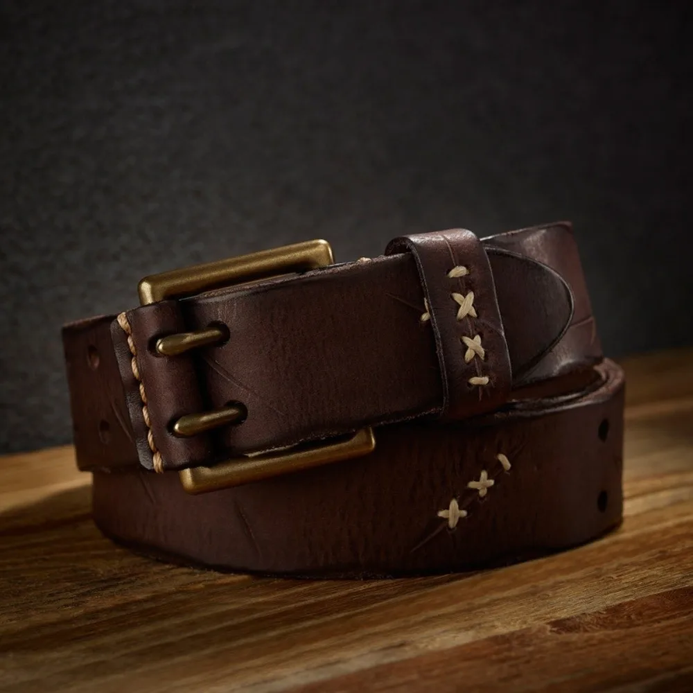 4mm-Thick Cowhide Belt 3.8cm-Wide Double-Slotted Double-Pin Girdle Solid Brass Rugged-Edge Handcrafted Waistpiece Skater Boys