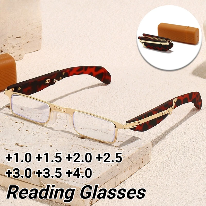 

New Foldable Portable Anti-Blue Light Reading Glasses Fashionable Metal Square-Frame Presbyopic Glasses with Case Unisex