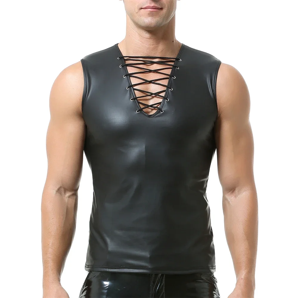 Mens Glossy PVC Leather Tank Tops Slim Sleeveless T-Shirts Sexy V-neck Nightclub Stage Male Faux Leather Vests Tops Man Clubwear