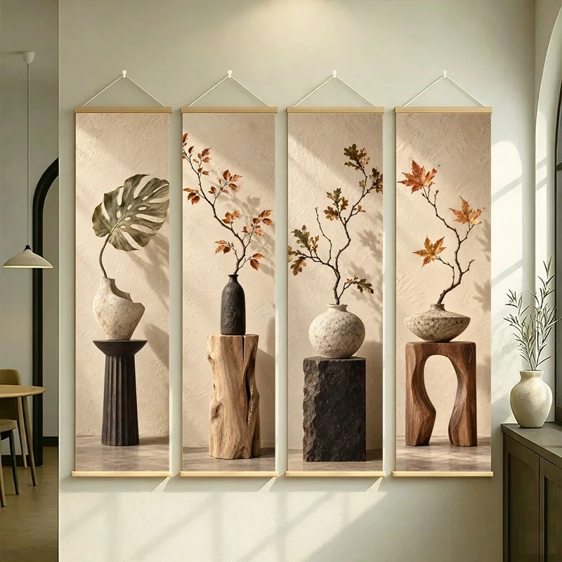 Wall Art Preserved Maple Leaf and Preserved Monstera Leaf, Wabi-Sabi Silver Shimmer Canvas Hanging Scroll for Reading Nook