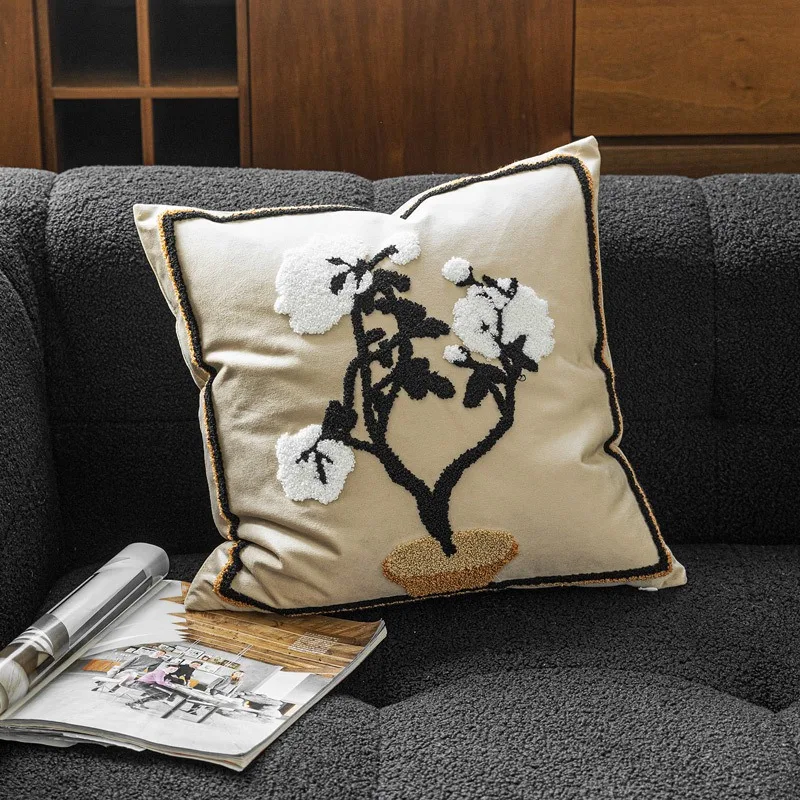 French Retro Style Pillowcase White Orchid Pillow Milk Brown Striped Cushion Cover Hotel Model Room Home Decoration Soft Art NEW