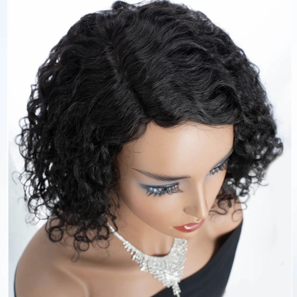 Short Curly Bob Brazilian Human Hair Lace Deep Water Curly Wave Human Hair Wigs 100% Remy Natural Hair Side Part Lace Wig