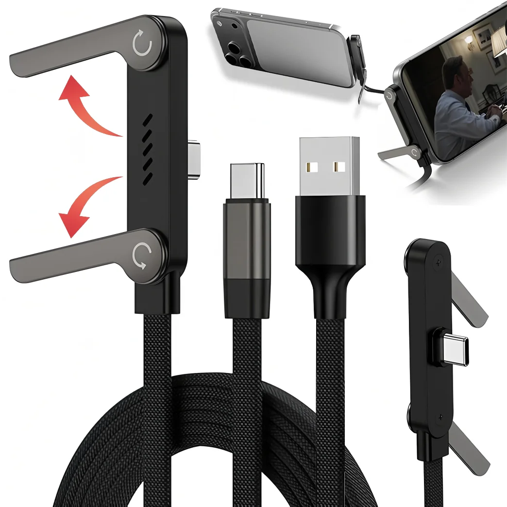 2-in-1 USB C Cable For iPhone 17 Pro Max 240W PD Fast Charging Invisible Stand Cord Type C Mobile Phone Holder Charger Cable