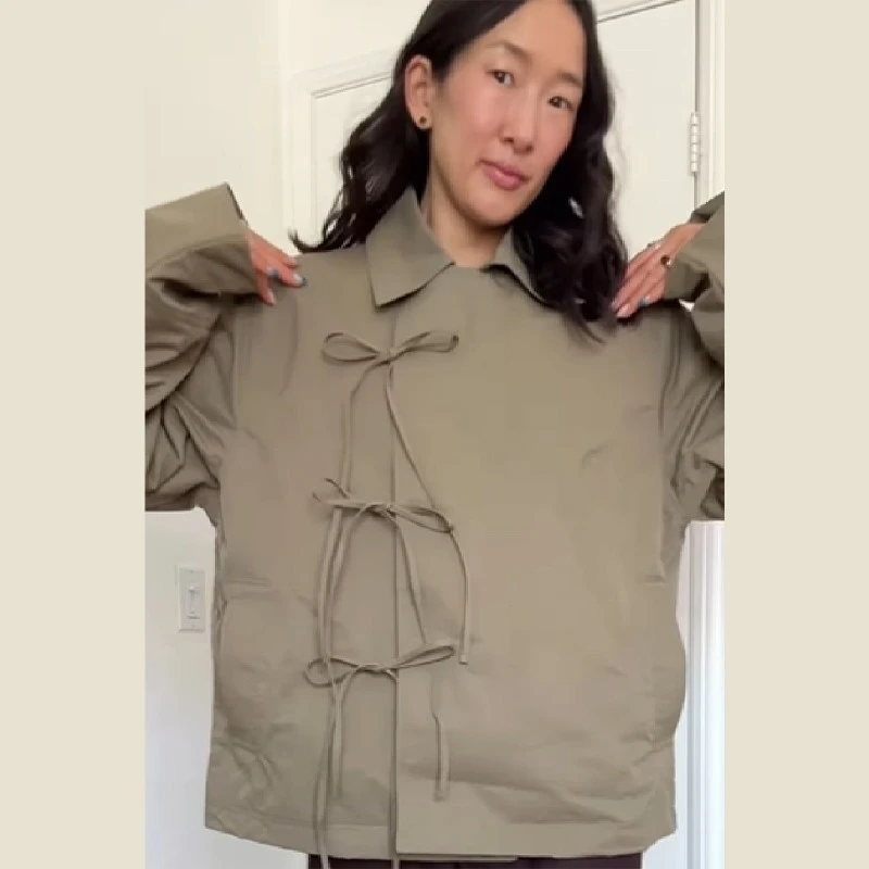 

Stylish Cool Jackets Bow Tie Loose Lapel Pocket Coat Casual Vintage Women's Chic Versatile Outerwears Autumn Female Clothing