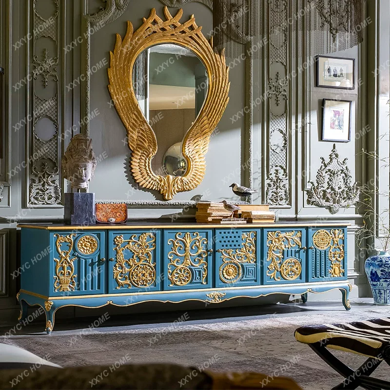 A solid wood carving flower gold TV cabinet high-end, retro porch storage, high large apartment villa