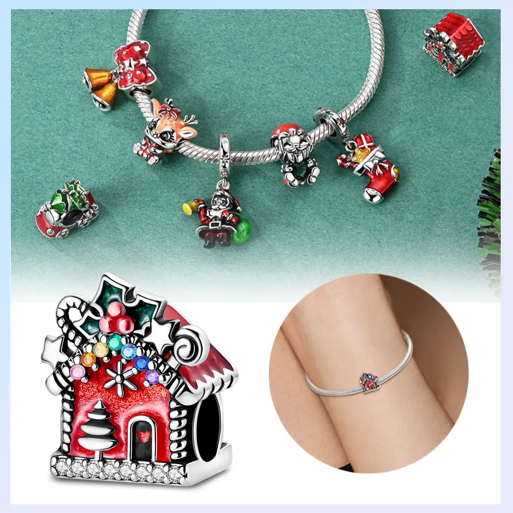 925er Silber vergoldet, Original-Charms, Weihnachten, süßes Zuhause, Haus, Weihnachtsbaum, Perlen, passend für Armbänder, Damenschmuck, Geschenk