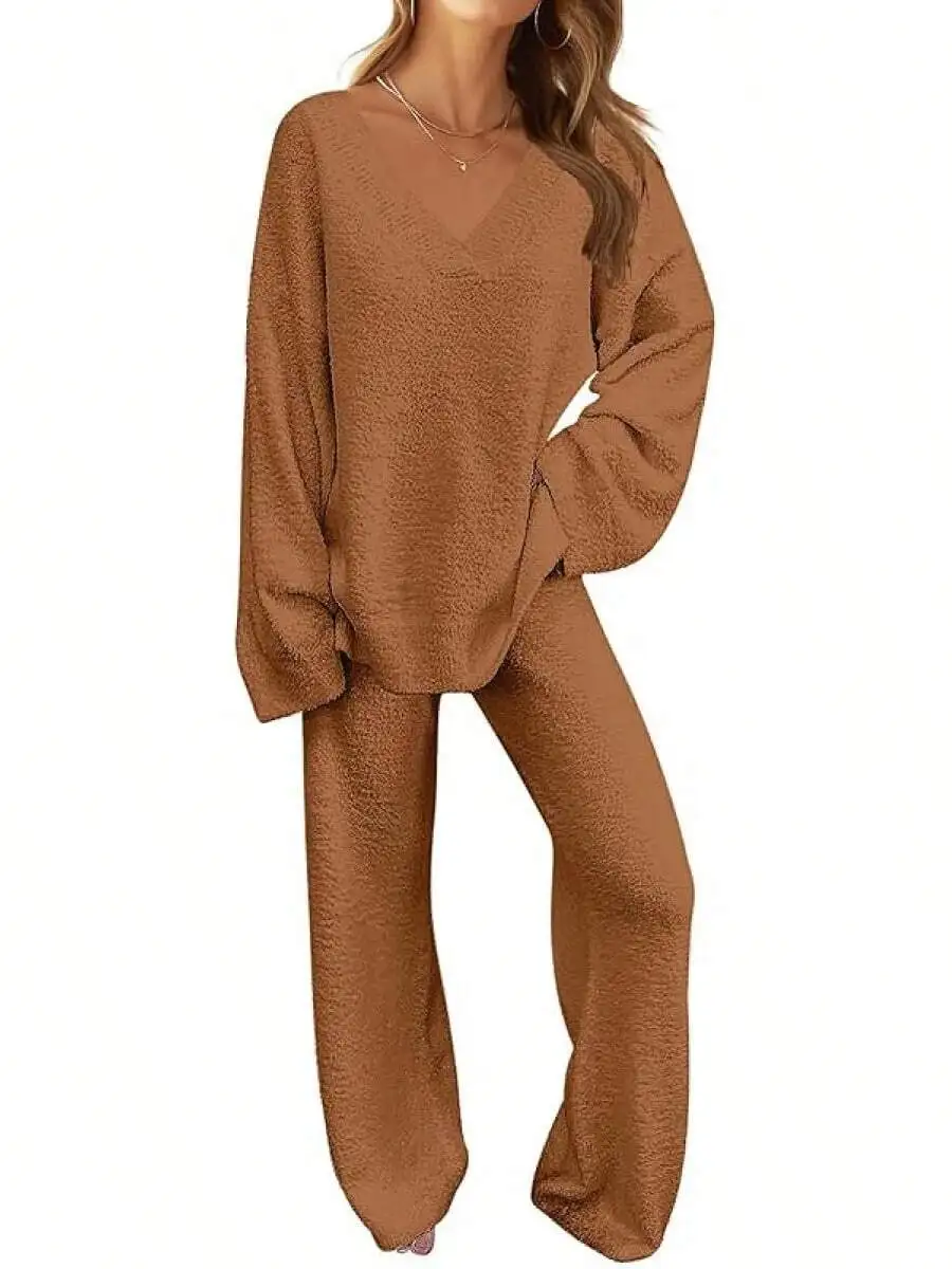 Womens Fuzzy Fleece 2 Piece Loungewear Set Long Sleeve Top Wide Leg Pants