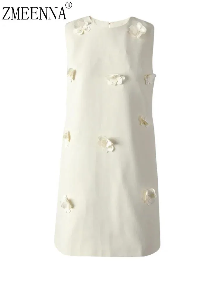 

ZMEENNA Women's Elegant Sleeveless Dress With 3D Floral Appliques Round Neck Casual Summer Mini A-Line Design Stylish ZM3242