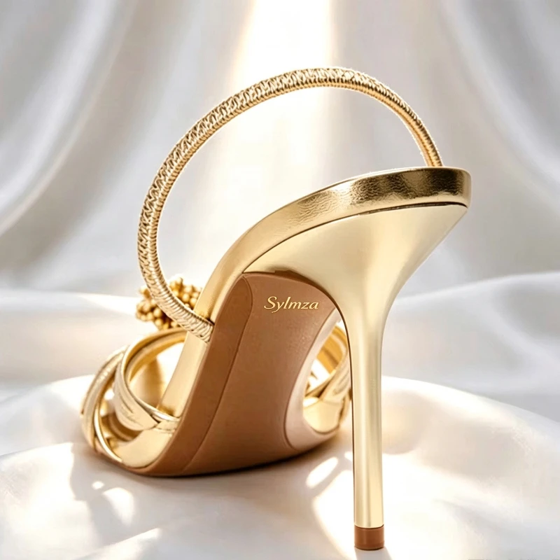 Luxury Gold Slingback High Heels for Women Floral Detail Pointed-Toe Heeled Sandals Laminated Effect Design Party Dress Shoes