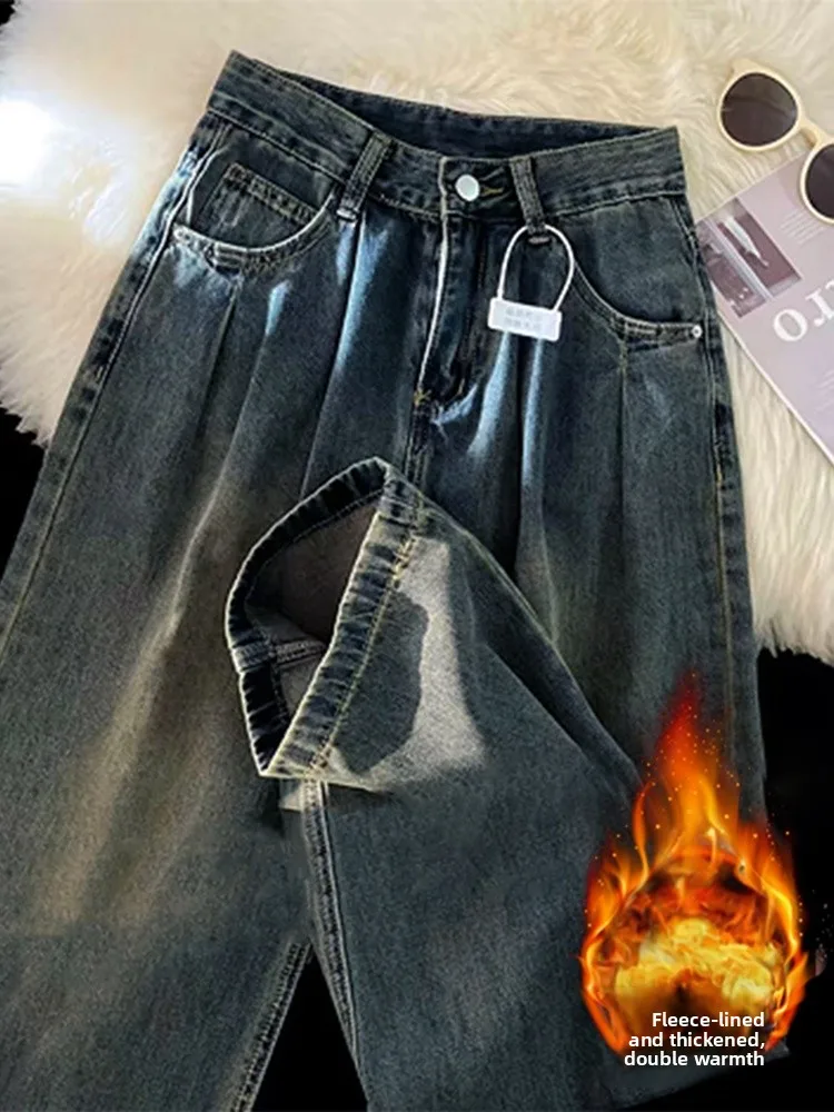 

Retro Fleece Lined Thick Wide Leg Jeans Women's Autumn Winter New plus Size Loose Slim Straight Cut Trousers Casual High Wais...