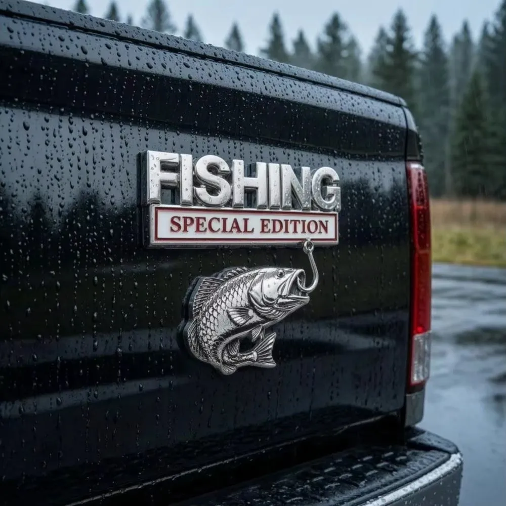 3D Raised Design Car Fishing Edition Sticker Waterproof Aluminum Premium Metal Fishing Emblem Sticker Universal Fit