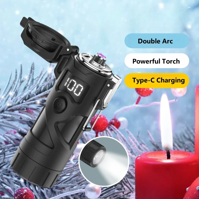 Outdoor Windproof IP56 Waterproof Pulse Dual Arc Lighter Type-C Multifunctional Portable Highlight Flashlight Cigarette Lighter