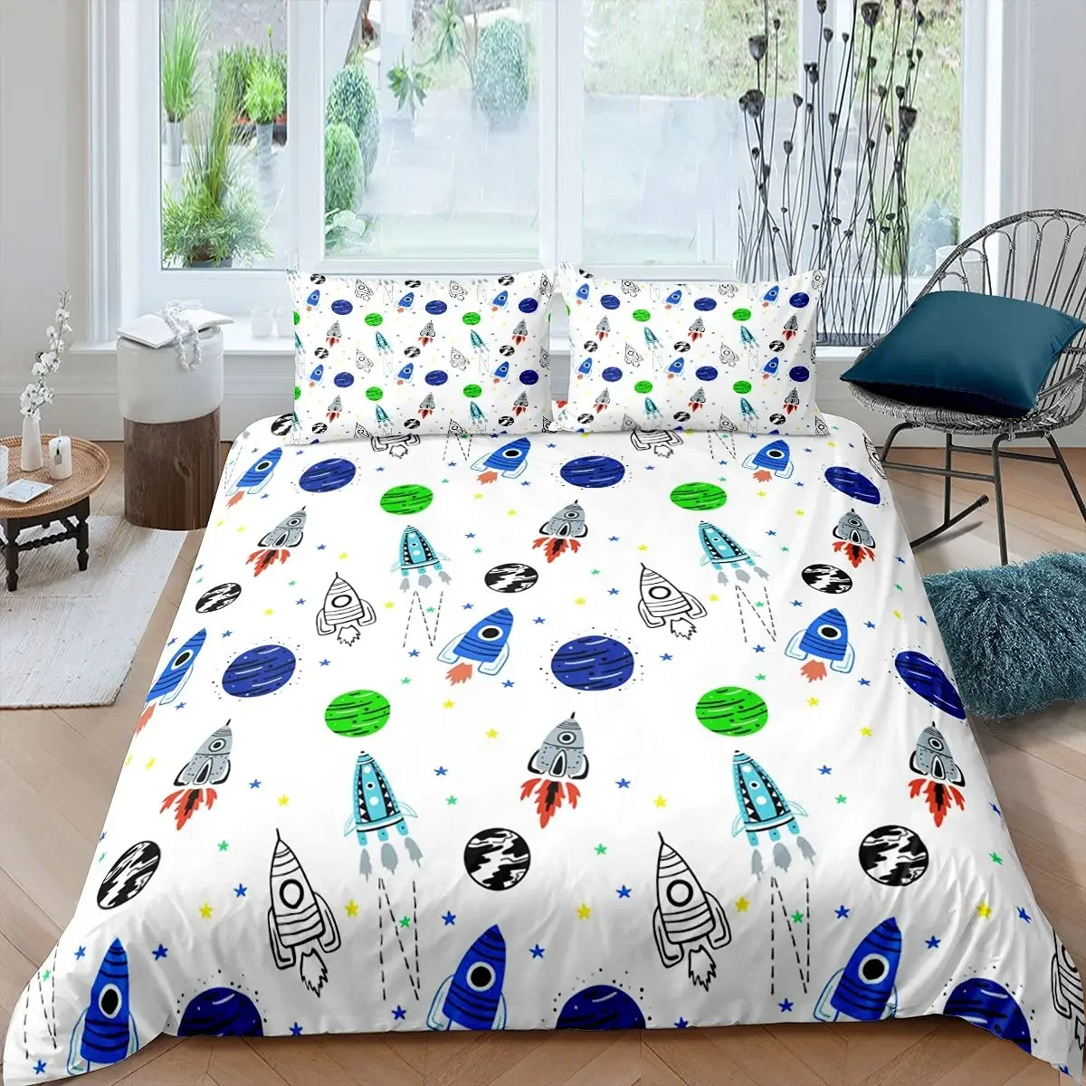 Rocket Duvet Cover Set King Size Spaceship Bedding Set Twin Microfiber Outer Space Galaxy Stars Planet Cartoon Style Quilt Cover