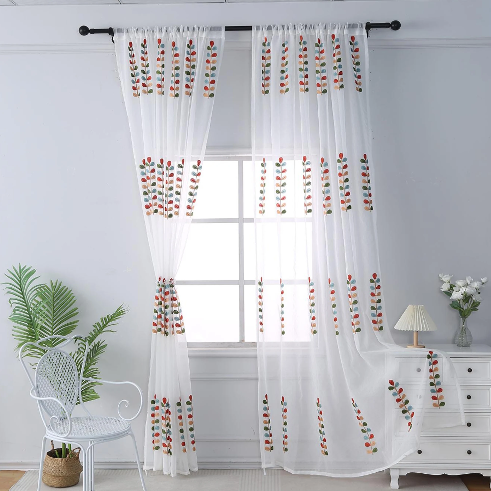 

1 шт., набор декоративных окон с вышивкой ярких листьев для спальни, карман стержня, термоизолированные шторы для детской комнаты