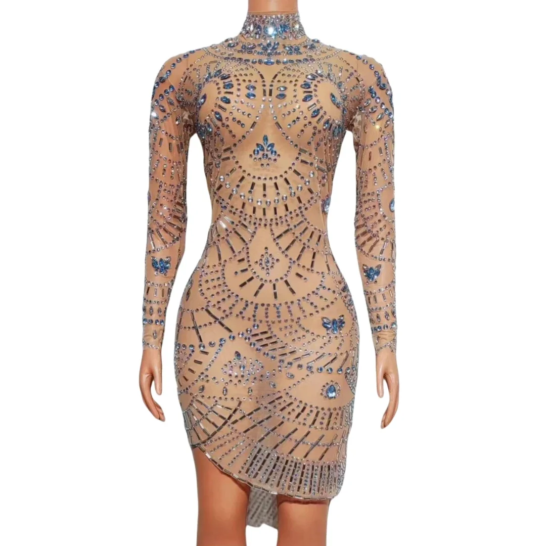 Feminino brilhante processo de perfuração quente strass aniversário rainha vestido clube celebridade palco rainha traje