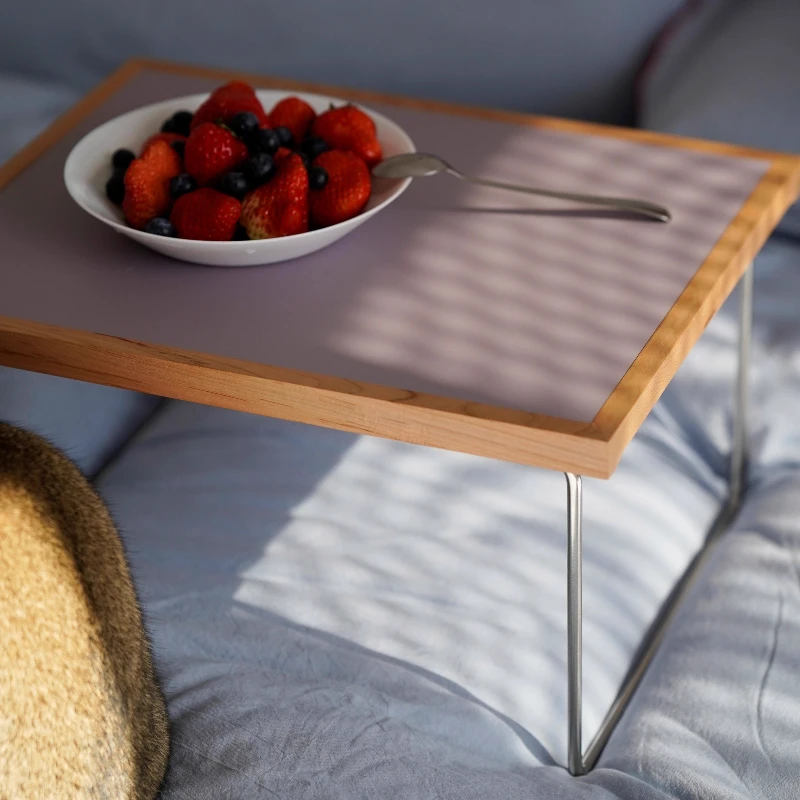 

Bauhaus Cherry Wood Side Table Stainless Steel Laptop Desk Modern Bedside Table Multifunctional Breakfast Tray for Small Spaces