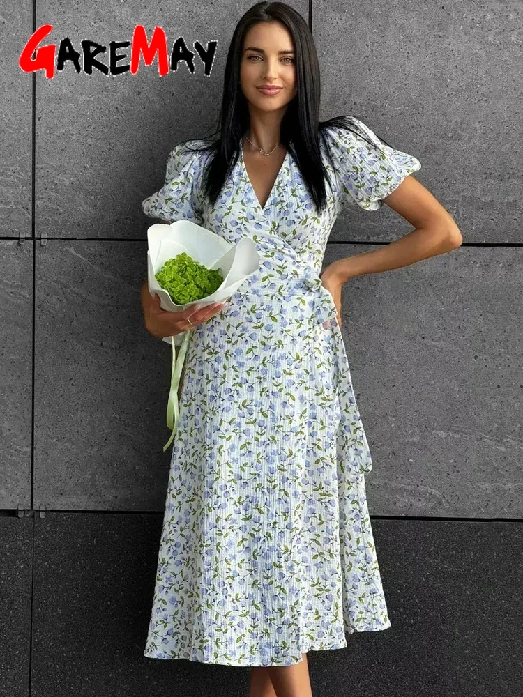 blue dress for baby girl City Muse Cotton Maxi Dress – Floral Printed A-Line Dress with Puff Sleeves main image 1