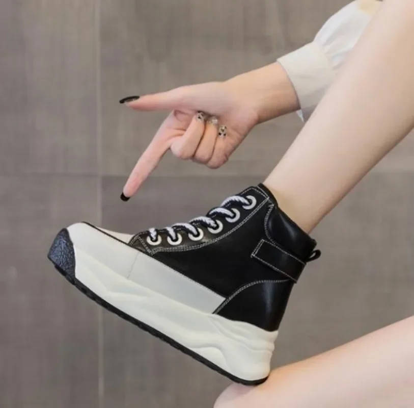 Top Quality 6.5CM Genuine Leather Women Shoes Platform Sneakers Spring Autumn Warm Fur Winter Boot Women Combat Ankle Booties