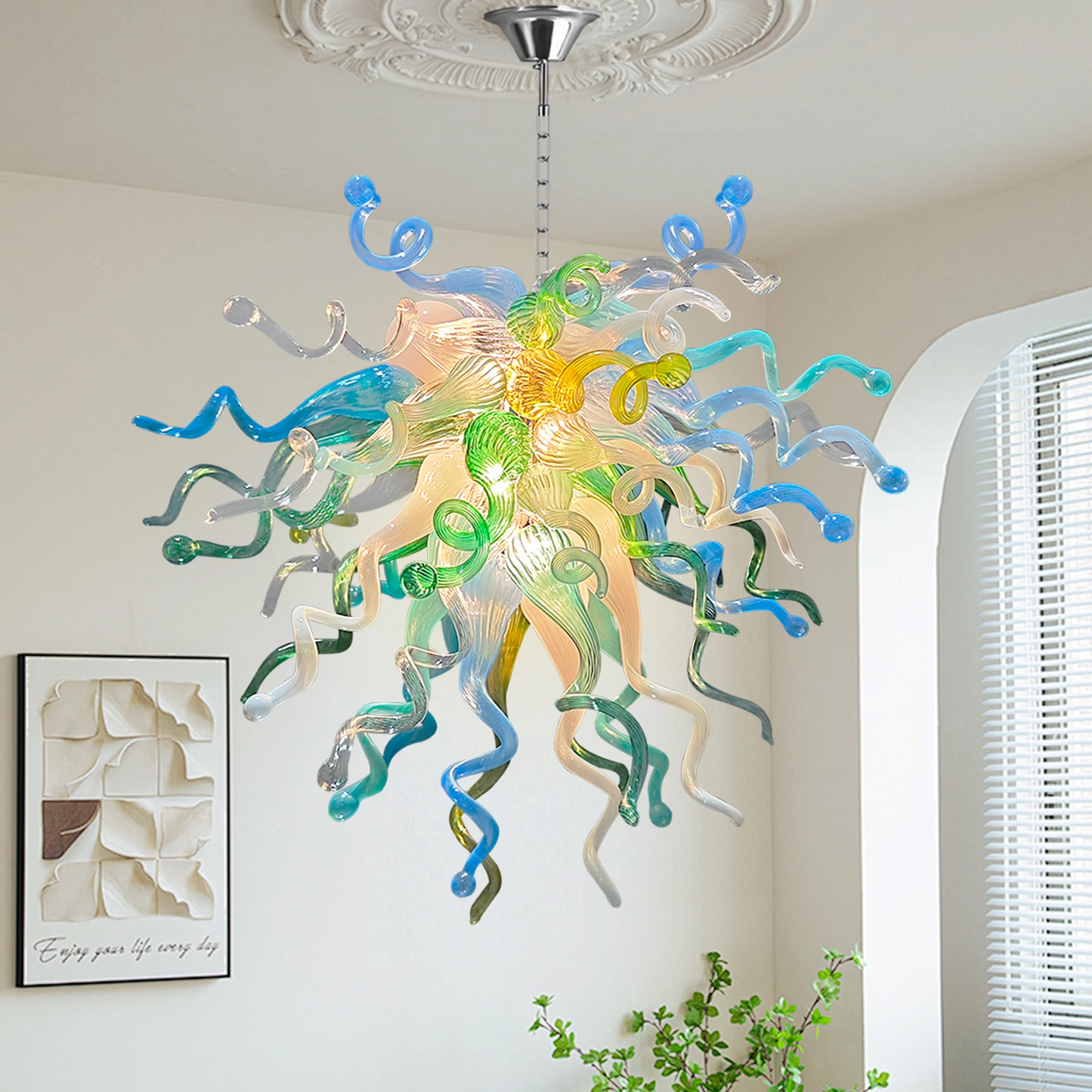 LONGREE Hand Blown Glass Chandelier Greenish Multicolor Decorative Art Ceiling Light Fixture Lightings for Home