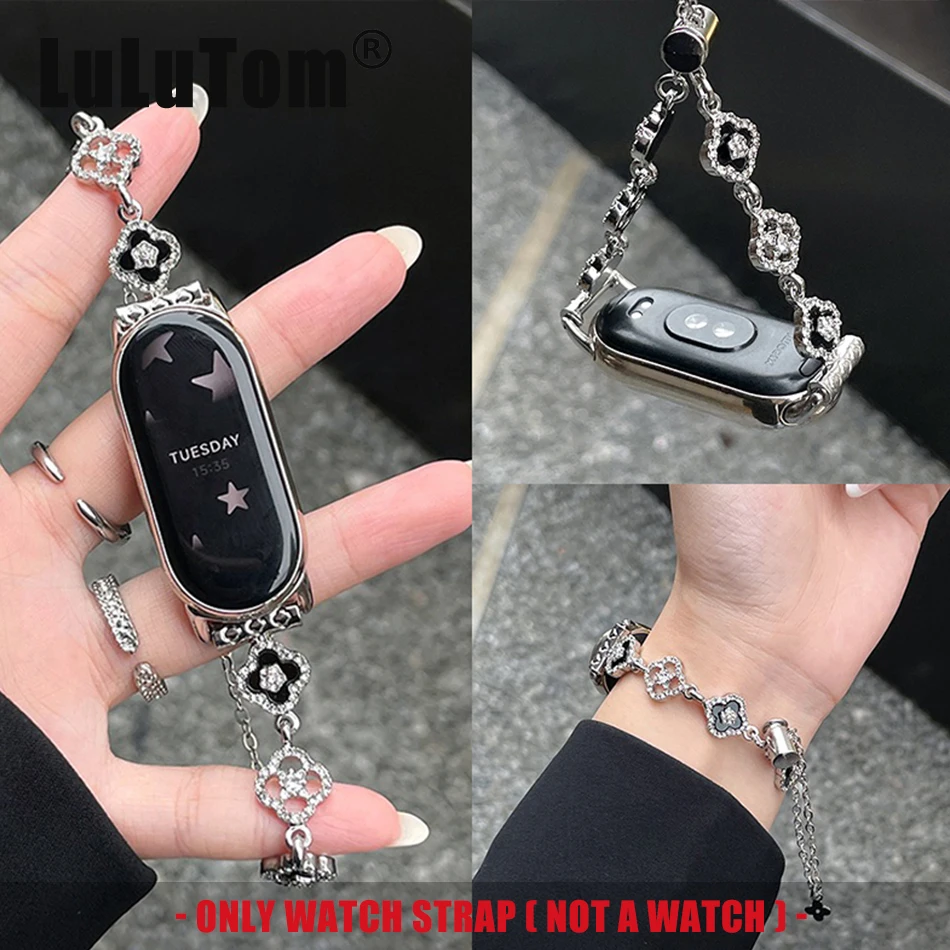 حزام لشاومي Mi Band 10 9 8 Pro حزام الساعات Miband 8Pro 9 Pro فاخر البرسيم لامعة الماس موضة زهرة سوار معصمه