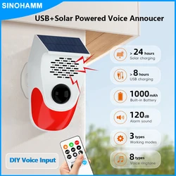 Reproductor de voz activado por movimiento Solar + presentador de voz grabable tipo C, alarma de conducción, luz de estufa, sirena de seguridad para el hogar/jardín