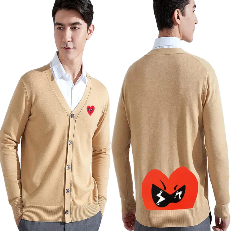 

Men V-Neck Cardigan Cartoon Heart Embroidery Half Hearted Print Single Breasted Long Sleeve Spring Autumn Cardigan Sweater