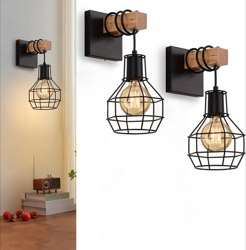 

Набор из 2 промышленных настенных светильников с металлическим абажуром-клеткой, черные настенные светильники для кухни и гостиной, цоколь E27