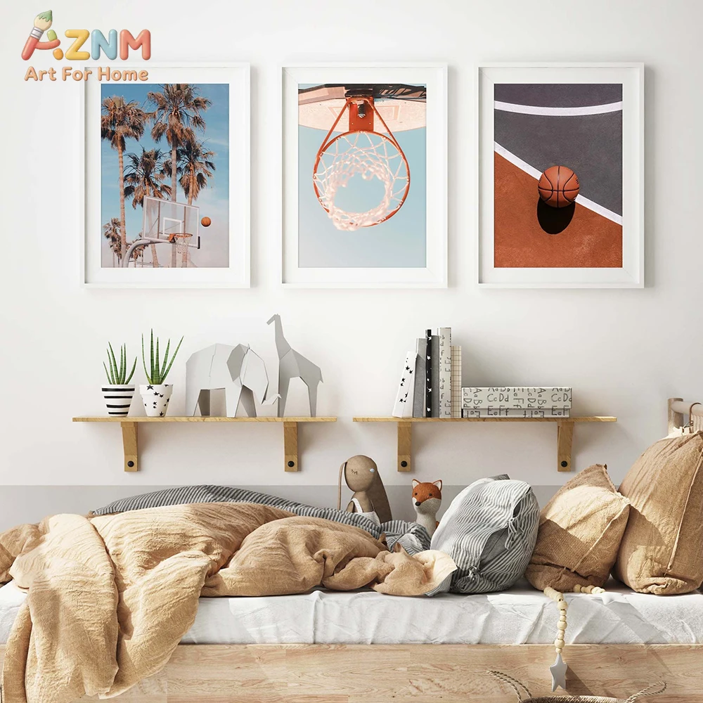 AZNM Vintage Basketball Court Palm Tree Canvas Wall Art Sport Aesthetic Print Poster For Teen Boy Bedroom Office Home Wall Decor