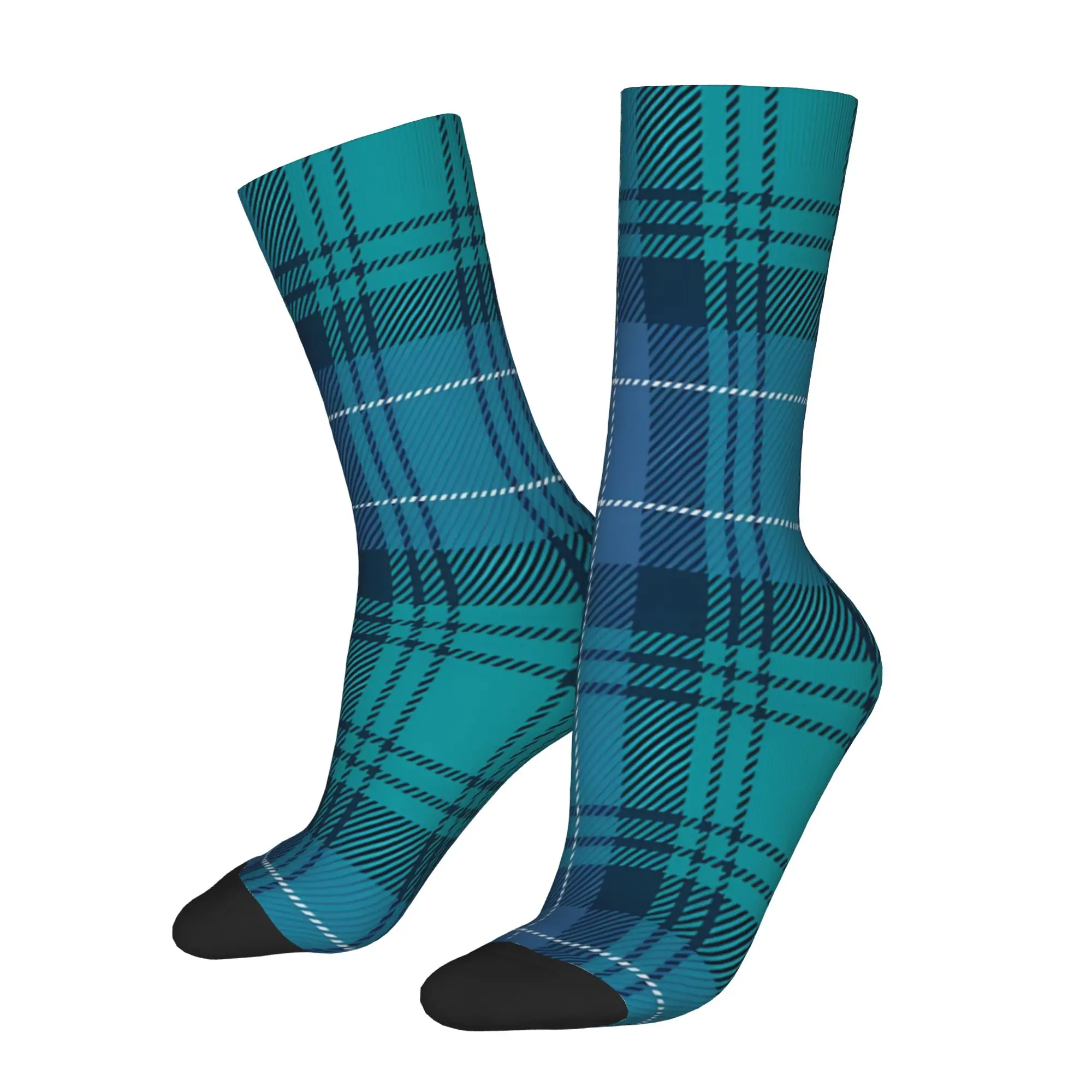 

1 Pair Funny Sock Scottish Tartan Blue And Turquoise Checkered Plaid Hip Hop Seamless Printed Men Crew Socks Novelty Men's Socks