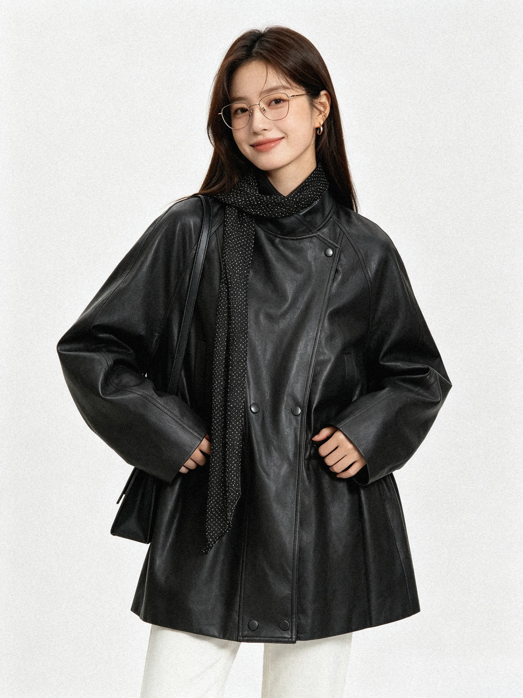 Elegant Black Polka Dot Silk Scarf Women's Loose Waist Cinched Cool Stand Collar Jacket Retro Leather Coat Casual Style