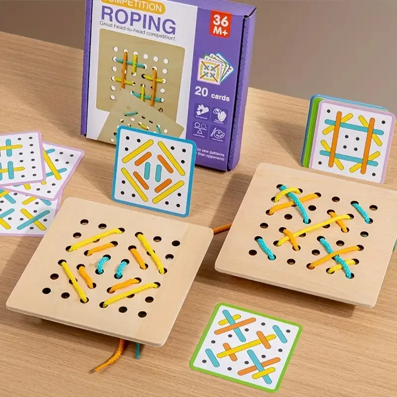Wooden Lacing Puzzle Threading Montessori Toys Wooden Rope Board Motor Skills Training Games Road Trip Early Toys For Toddler