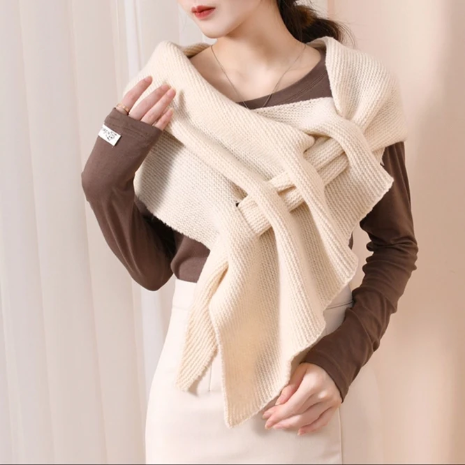 

Fashion Spring Autumn Knitted Shawl Women Crochet Shoulder Guard Neck Infrared Pierced Cloak Tied Scarf Fake Shawl Beige