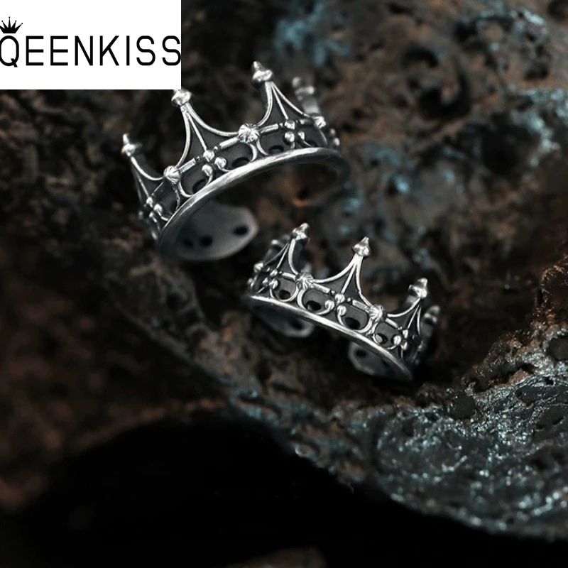 QEENKISS 925 Sterling Silver Vintage Dark Crown Rings for Women Men Birthday Wedding Party Christmas Girl Boyfriend Gifts RG7013