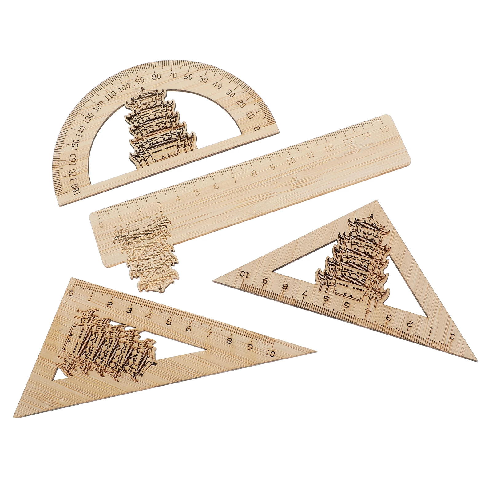 4 Buah Penggaris Bambu Desain Menara Burung Angsa Kuning Cina Multi Fungsi Geometri Matematika Busur Derajat Alat Ukur Gambar