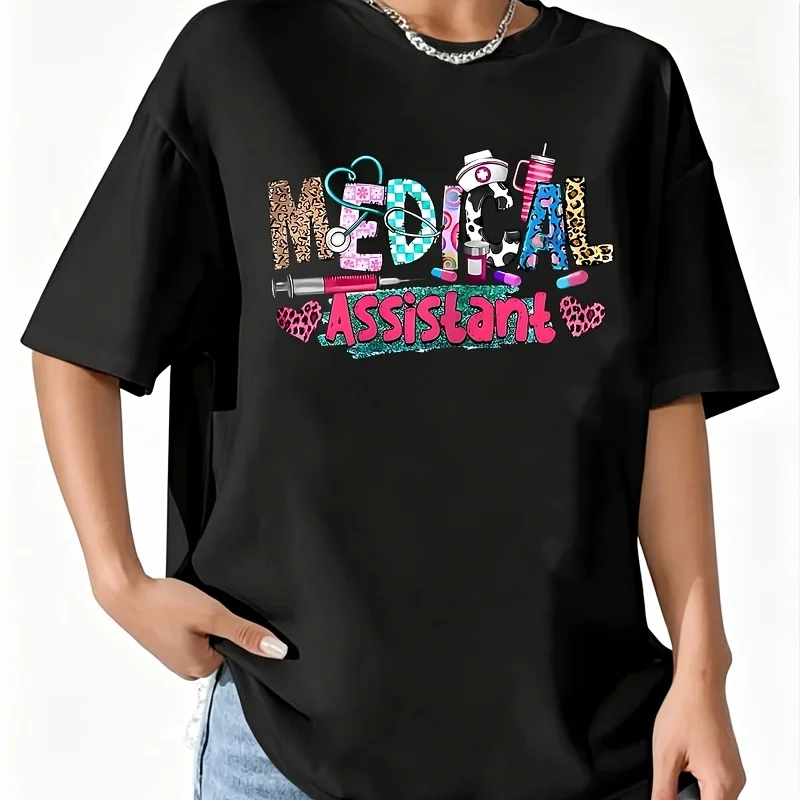 Cma Medical Assistant Nurse Leopard Stethoscope Women's 100% Cotton T-Shirt Fun Print Short Sleeve Top Casual Round Neck Tee S-5Xl