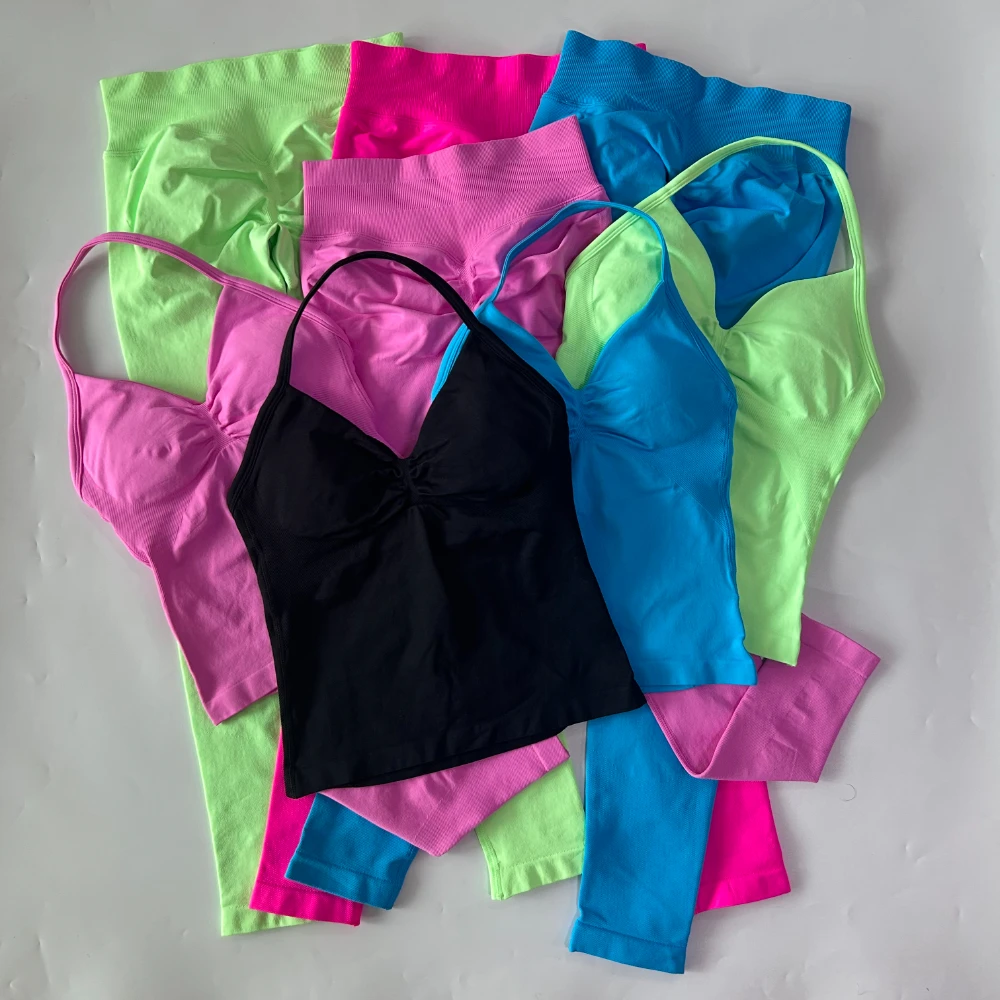 Бесшовный спортивный комплект без логотипа, женские топы на бретелях с высокой талией, леггинсы для йоги, одежда для фитнеса, комплекты для тренировок, спортивный костюм, спортивная одежда