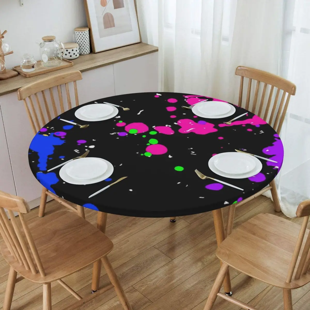 Colorful Graffiti Splatter Print Waterproof Round Tablecloth Oilproof Table Cloth for Kitchen Events Dining Table Cover