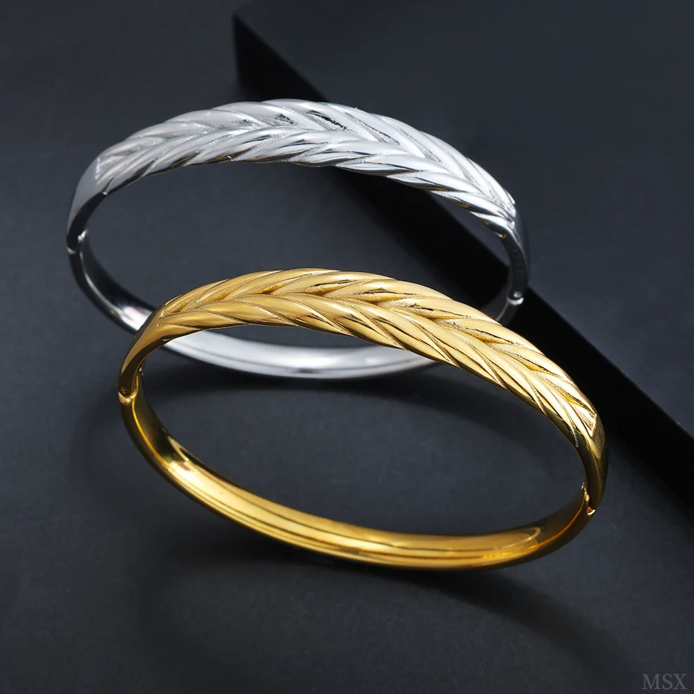 

JOVO LOVE Trendy Woman's Stainless Steel Leaf Stripe Bangle Metal Texture Bracelet Allergic Proof Hand Decor Individual Jewelry