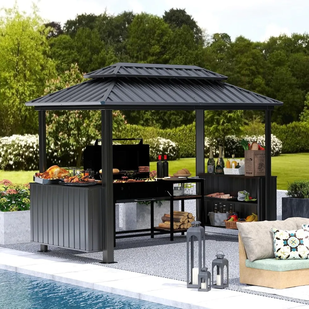 Hardtop Grill Gazebo, Outdoor BBQ Gazebo with Double Galvanized Steel Roof, Patio Grill Canopy with 2 Storage Cabine