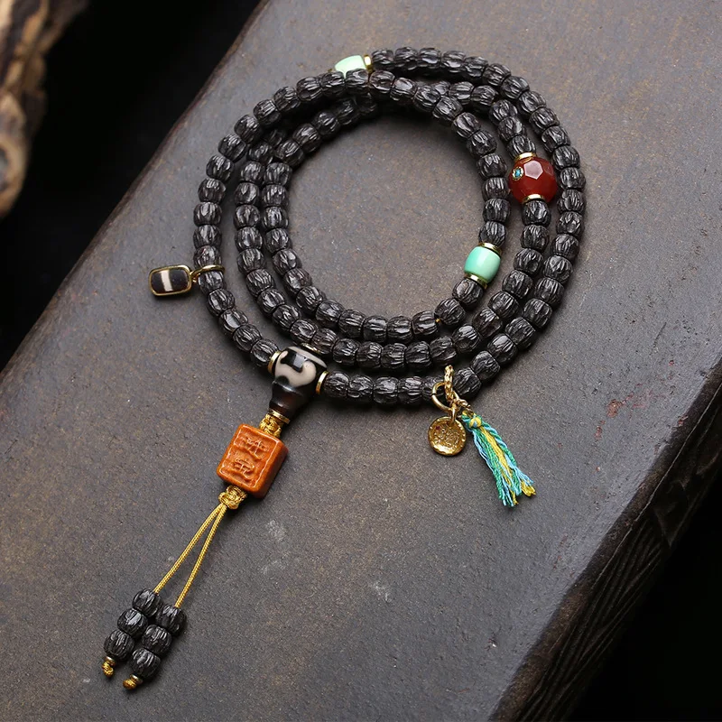 Cáscara de coco natural, 108 cuentas de oración de semillas de maracuyá, ágata, conector de tres vías, Buda sin forma y accesorios de hueso reciclado