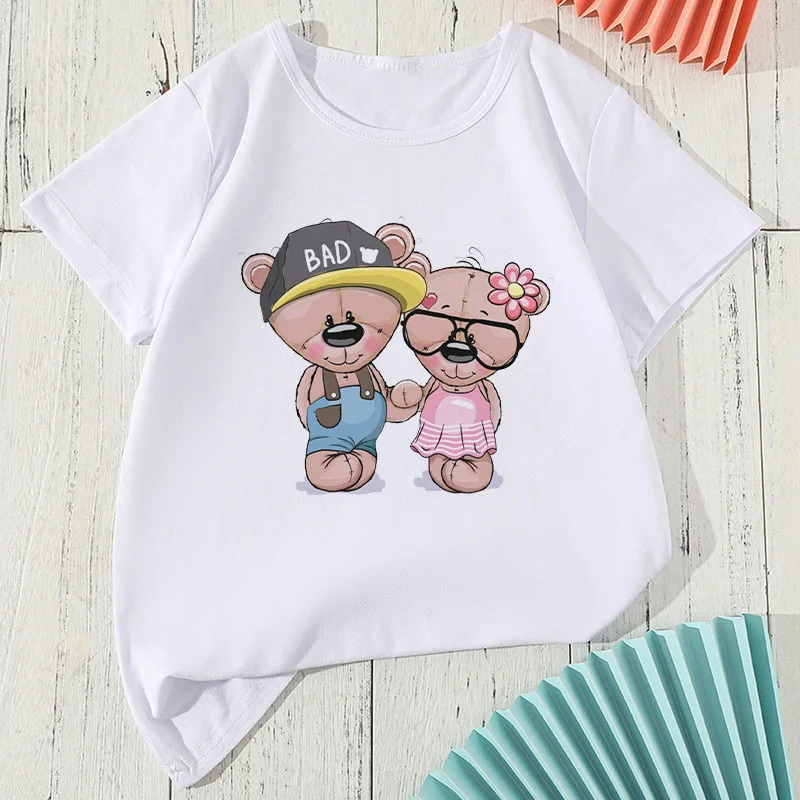 Personality Cute Bear Print Round Neck Short Sleeve T-shirt Children Round Neck White Base Clothing Ins Clothes