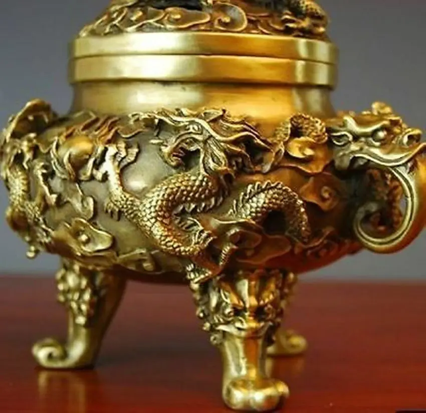 

Collectible Chinese Brass Nine Dragons Kowloon incense burner